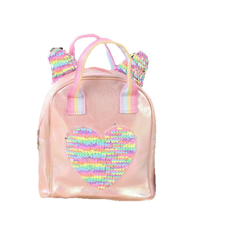 Rainbow sequined heart-shaped backpack for girls, sweet and cool dual-purpose schoolbag, gradient shoulder strap, portable trendy backpack, plush Item Picture