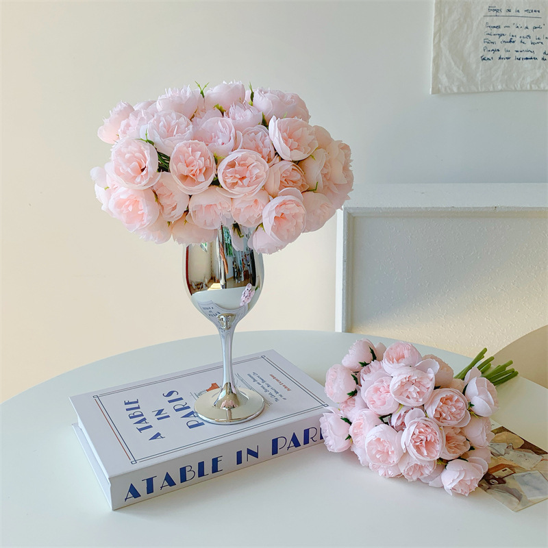 抖音网红爆款代发27头小牡丹花束加瓶仿真花假花摆设客厅装饰摆件