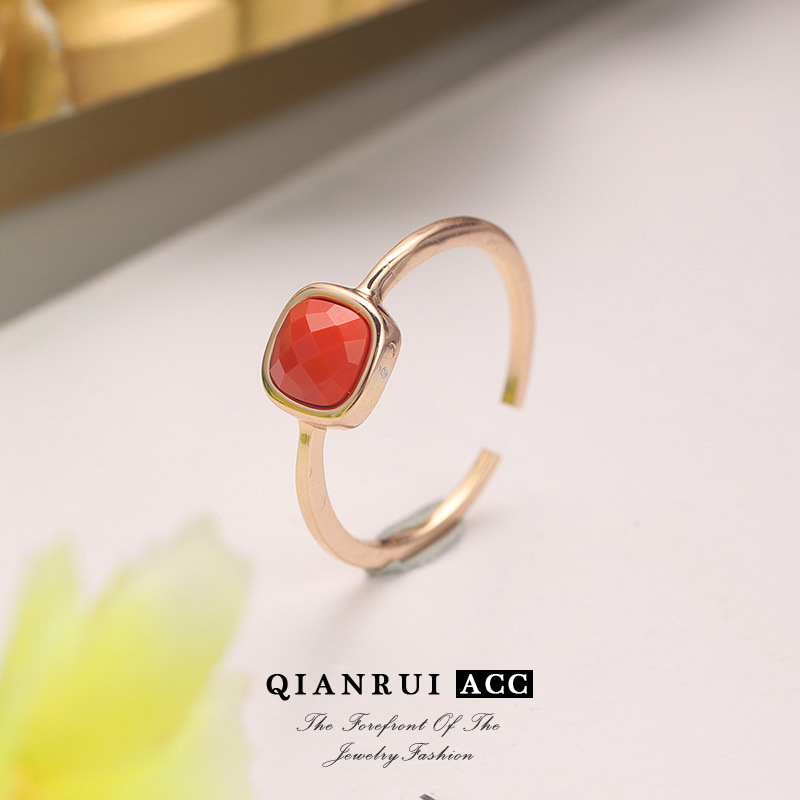 欧美时尚多彩戒指方形设计指环简约镶嵌开口女款镀金气质轻奢批发