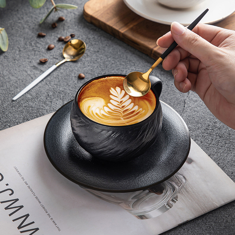 High appearance level black and white ceramic cup and plate set, light luxury texture coffee, milk, breakfast, afternoon tea, rock stone pattern cups