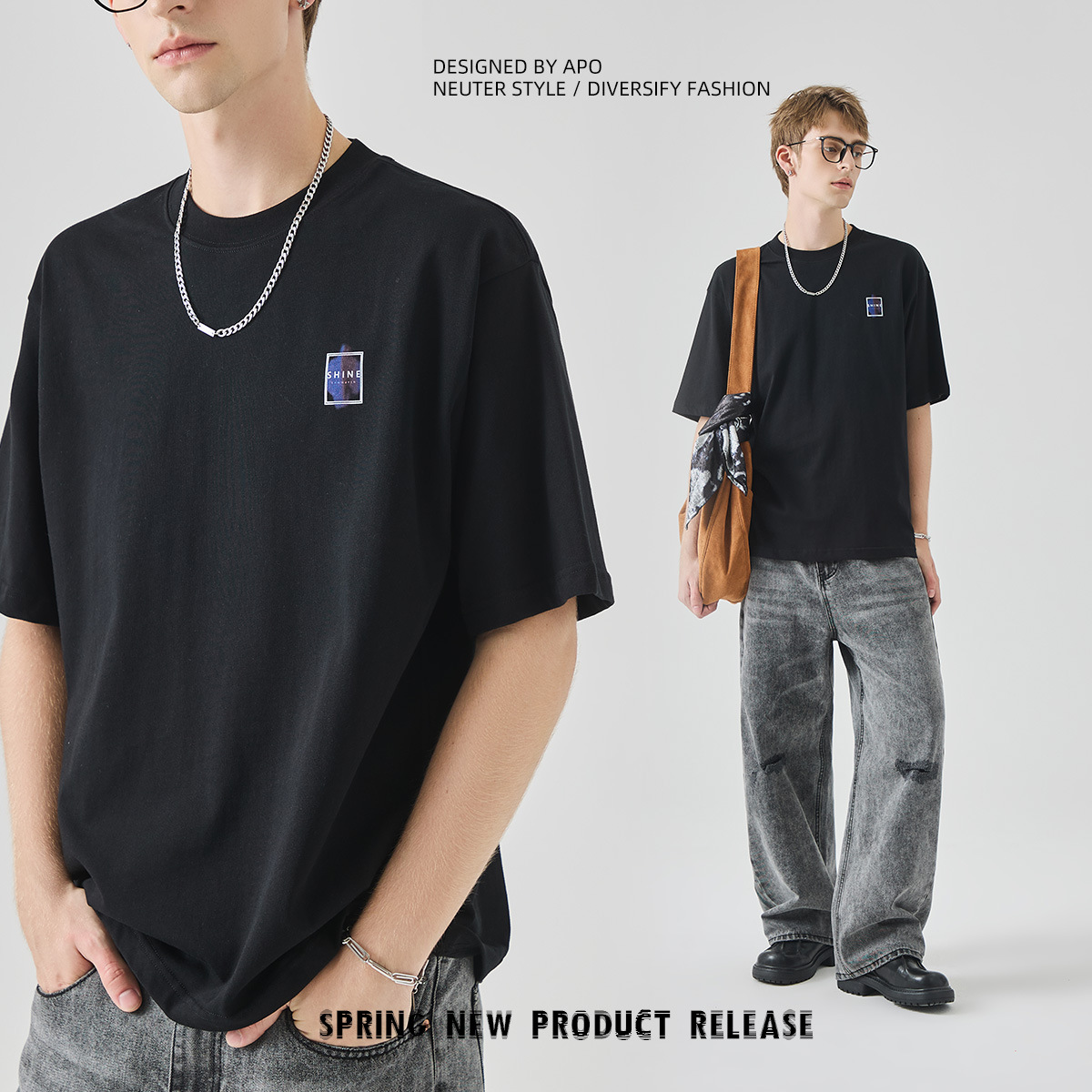 APO men's Wear: Pure cotton printed short-sleeved T-shirt for men, a loose and versatile light luxury trendy brand for summer, breathable inner layer top Specification image