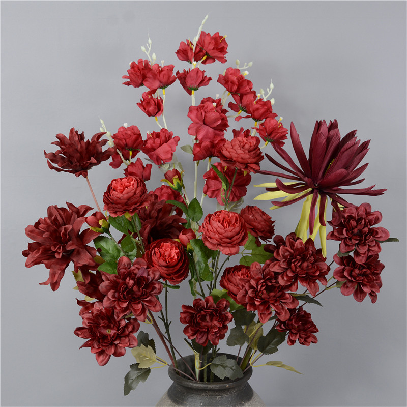 大红色系花材寿宴场景装饰中式结婚礼堂布置春节年宵花发财桶插花