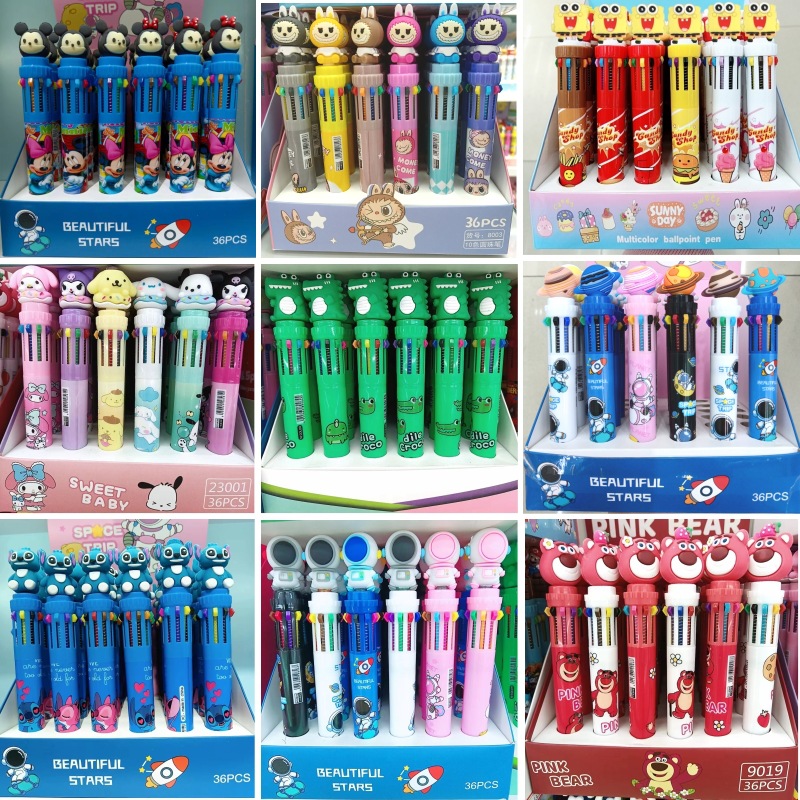 New cartoon ten-color ballpoint pen, multi-color press pen, high appearance level design, colorful stationery pen full figure