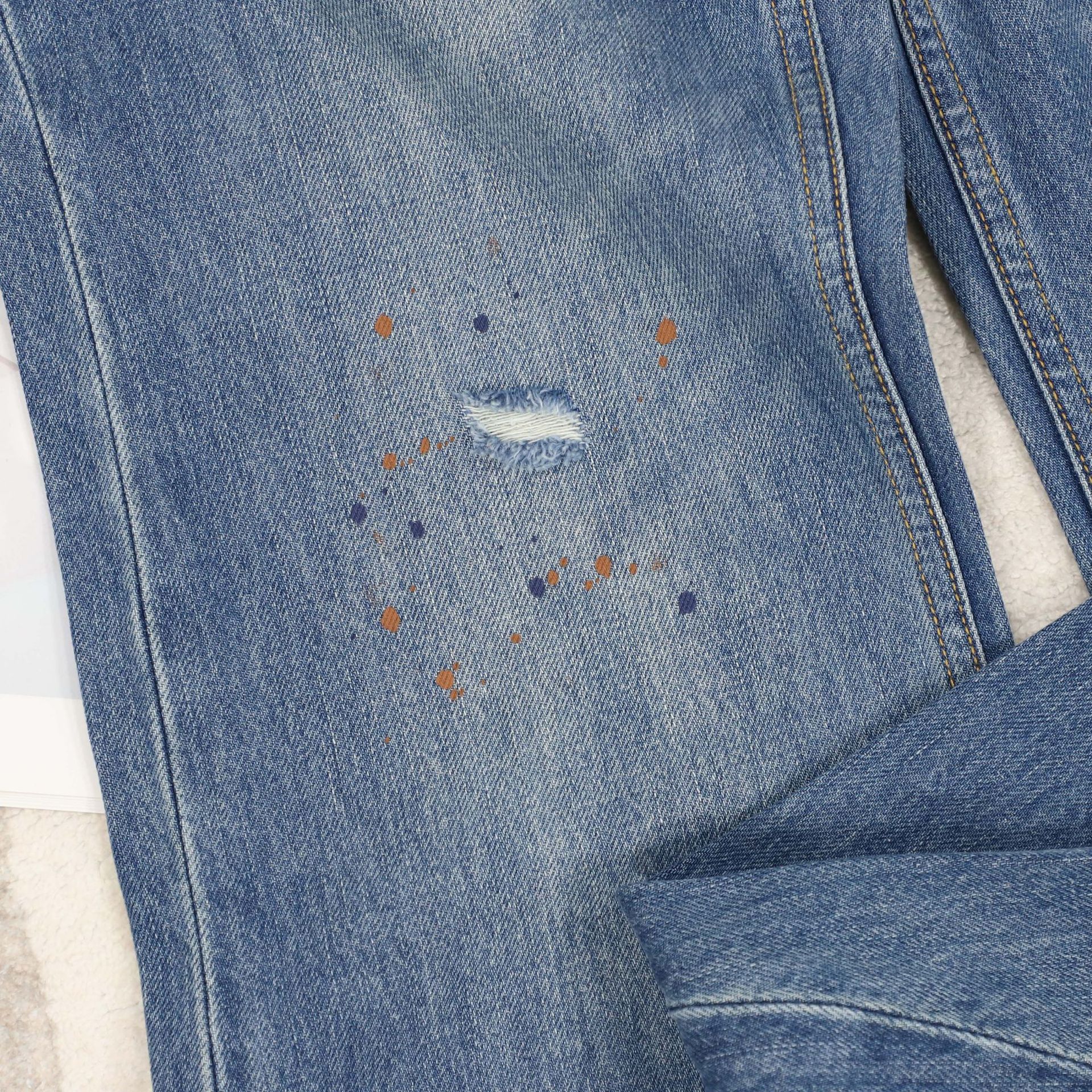 AC blue straight-leg jeans for women, high-waisted wide-leg, ink-wash distressed printed flared pants, dirty pants, Spring 2026 new style Application Scenario