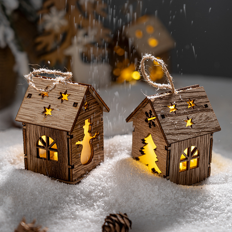 Christmas home decoration, desktop scene arrangement props, wooden house ornaments, hanging items, glowing Christmas tree decoration accessories