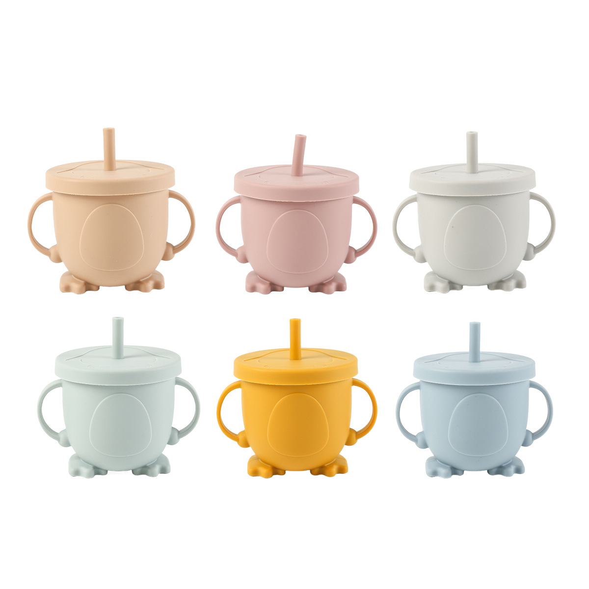 企鹅水杯食品级儿童硅胶吸管水杯现货 跨境婴儿双耳硅胶防摔水杯详情图1