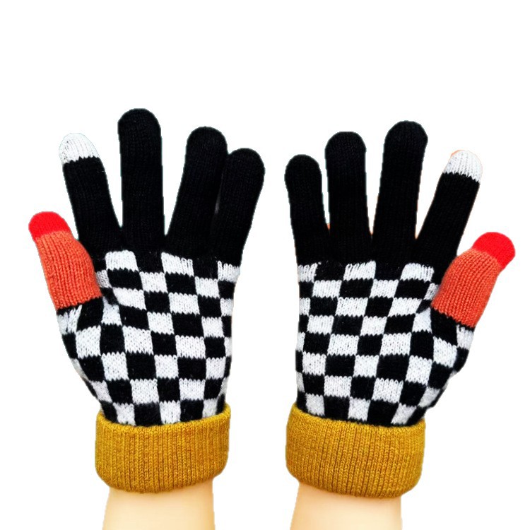 Warm gloves, fleece and thickened wool gloves, double-layer cuffs, striped checkered jacquard winter knitted couple gloves Item Picture