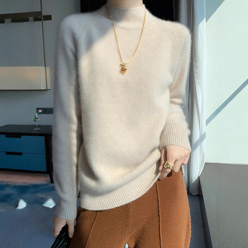 Seven-needle thickened semi-high-neck cashmere sweater for women, new autumn and winter style, skin-friendly and warm off-the-shoulder cashmere knitted sweater base layer details Picture
