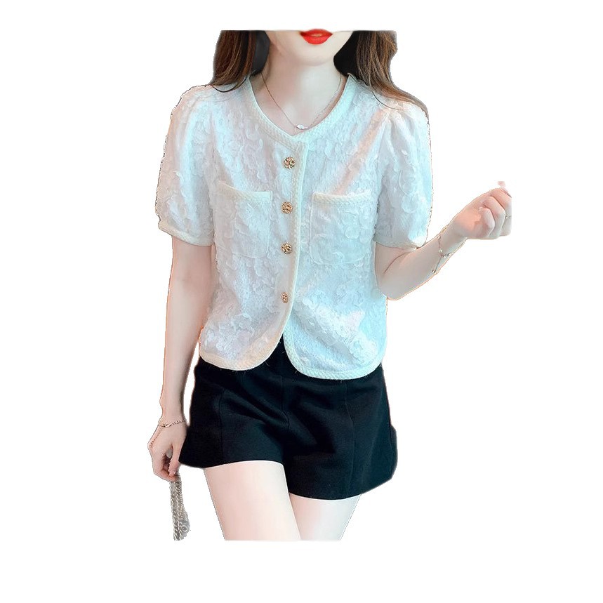 小香风圆领雪纺短袖衬衫女2025夏新款高级感蕾丝气质修身短款上衣白底实物图