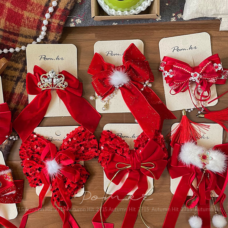 New Korean-style red bow hair clip, tassel, children's fabric, side fringed bangs clip, sweet handcrafted clip, red bow hair clip, ball pearl crown, sequined style, festive and delicate decorative hair accessory for girls Application Scenario