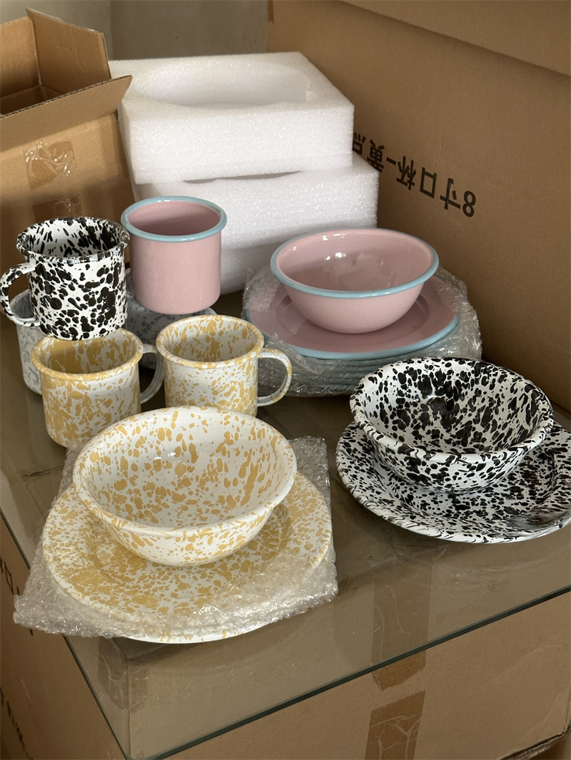 韩国ins同款复古泼墨搪瓷餐具套装搪瓷碗马克杯盘