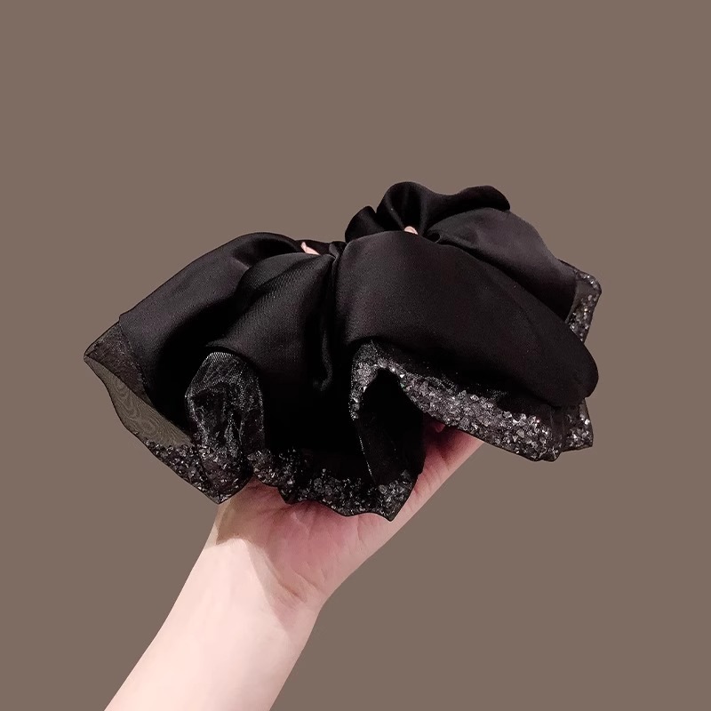 ins High-end French retro laid-back simulation silk satin, large European and American sausage rings, black hair bands, hair accessories and hair ties Specification image