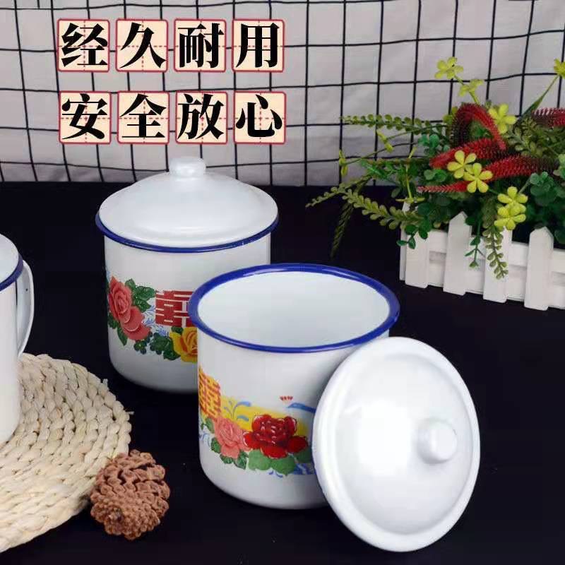 Old-fashioned enamel covered flower happiness character cup, tea pot, tea brewing cup, wedding flower happiness enamel cup, office drinking cup Application Scenario