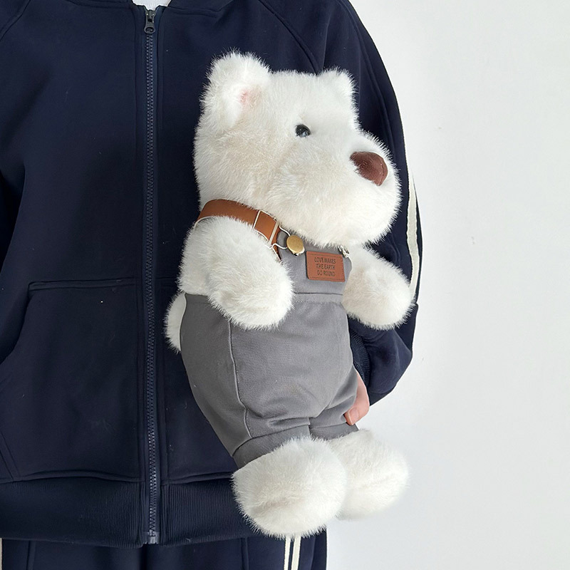 Fluffy West Highland puppy plush toy, cartoon cute overalls, dog doll, girl gift, cross-border doll details Picture