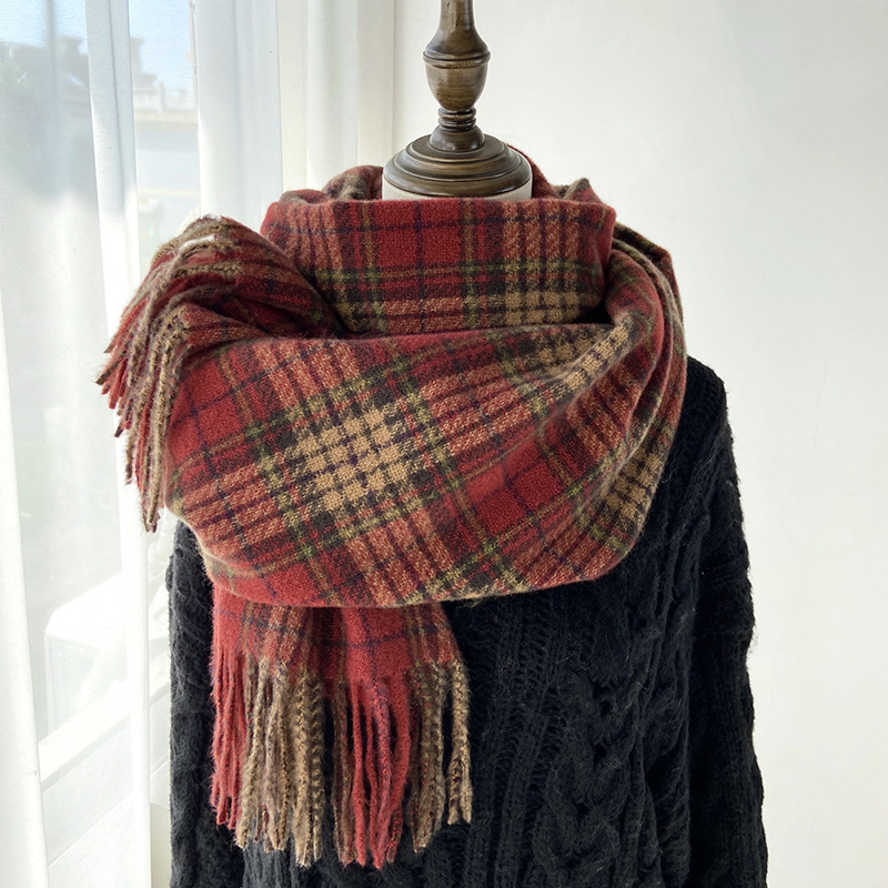 One-piece checked scarf for women, autumn and winter, new style for students, Korean-style tassels, high-end atmosphere, warm, versatile for couples, wholesale at street stalls
