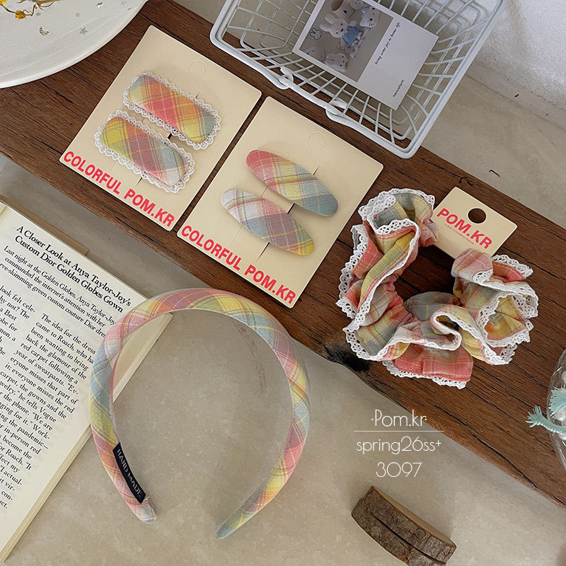 Spring new colorful checkered hair clips, fabric children's sweet and broken bangs clips, girl's large intestine hair bands and headbands details Picture