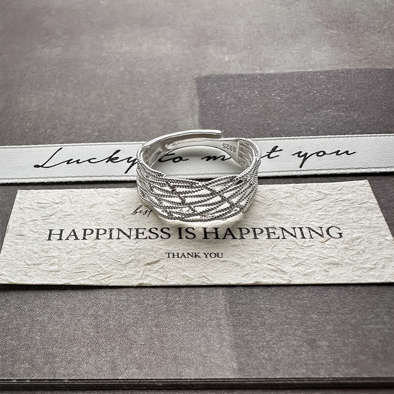 S925纯银韩版小众设计感闪光复古编织戒指韩式风个性手工指环批发细节图