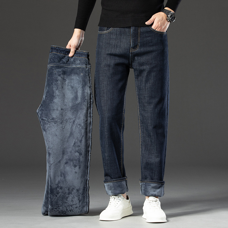 For the 2025 autumn and winter season, men's loose straight-leg fleece jeans, high-waisted casual stretch men's pants, thickened and warm details Picture