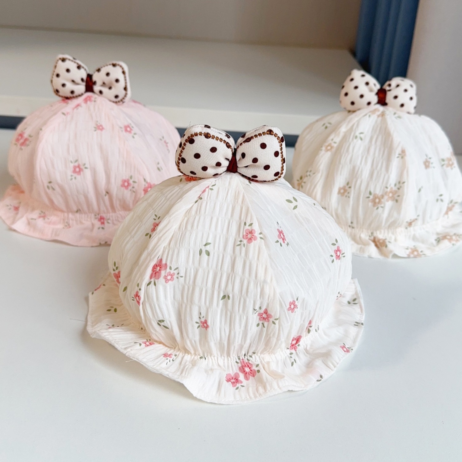 婴幼儿帽子春夏薄款圆点点蝴蝶结弹力伸缩花朵公主盆帽遮阳渔夫帽