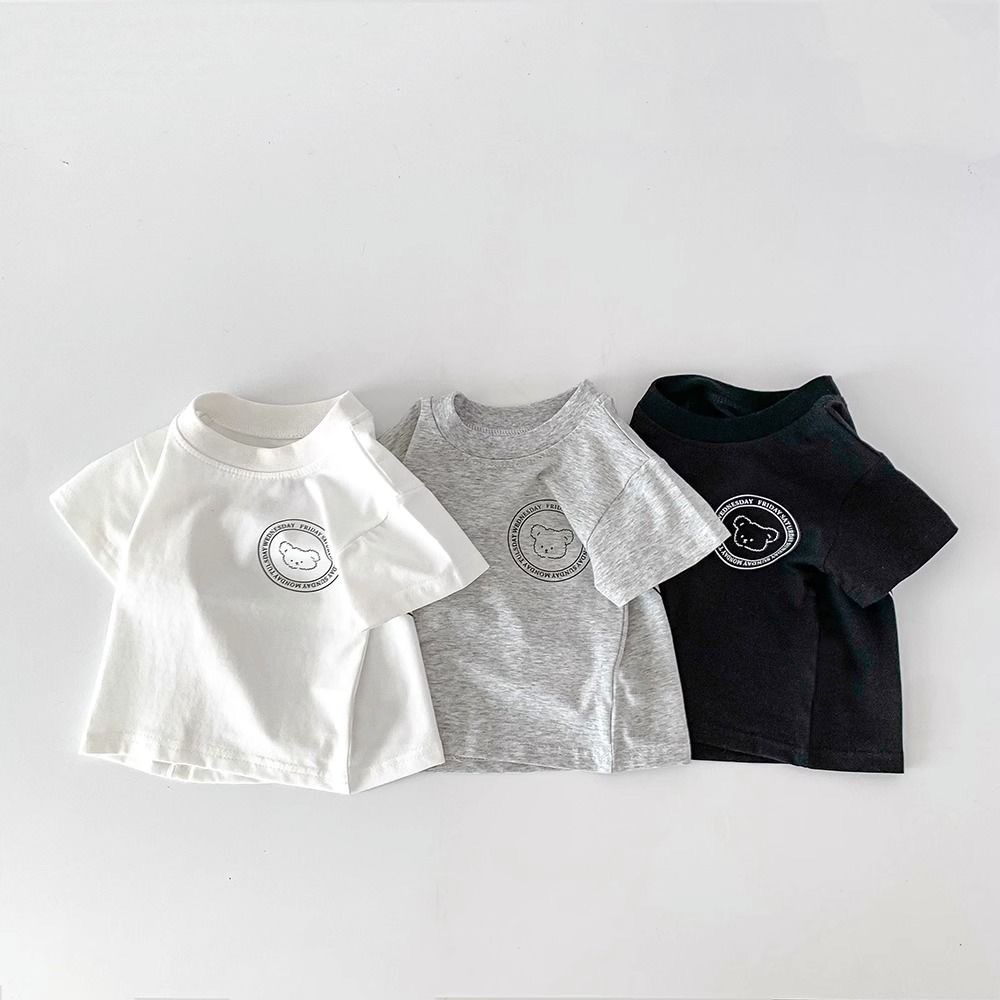 Summer pure cotton short-sleeved T-shirt for children, cartoon bear, cute round-neck top for boys and girls, and half-sleeved shirt