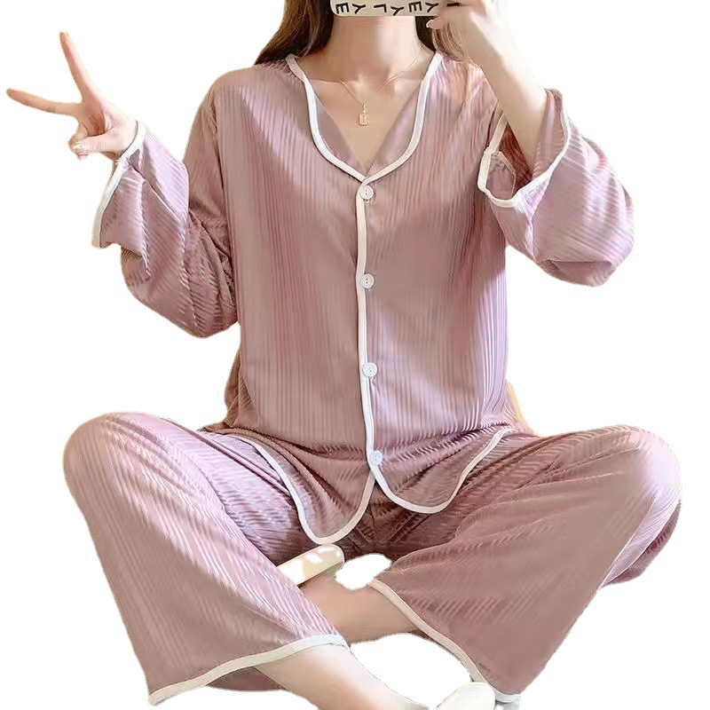 ins Korean style simple solid color long-sleeved pajamas for women in spring and autumn, with loose milk thread stripes and cross-border home wear for girls Item Picture