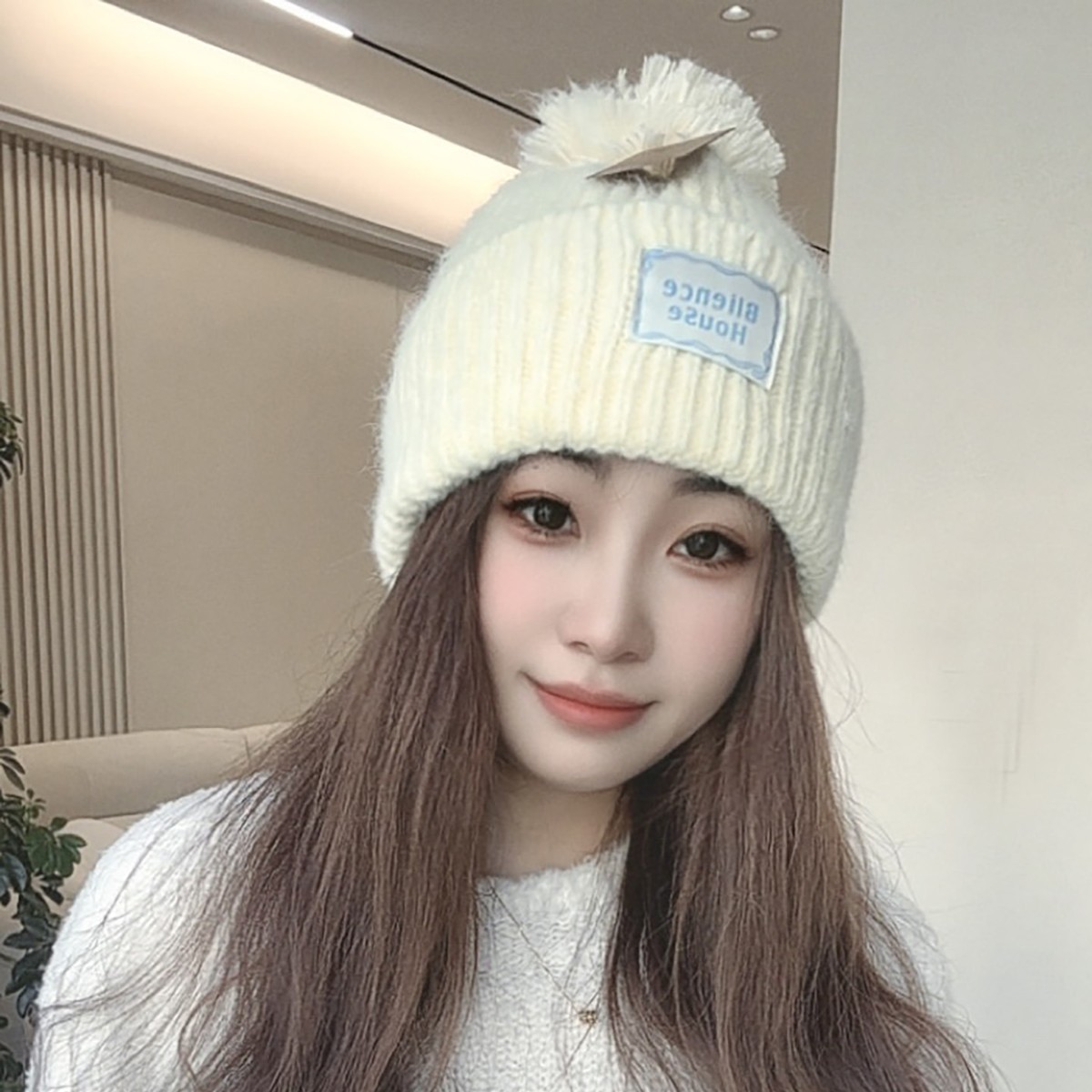 Yellow pom-pom knitted woolen cap for women's autumn and winter headwear, warm pullover cap, face-making small and cold-proof headscarf