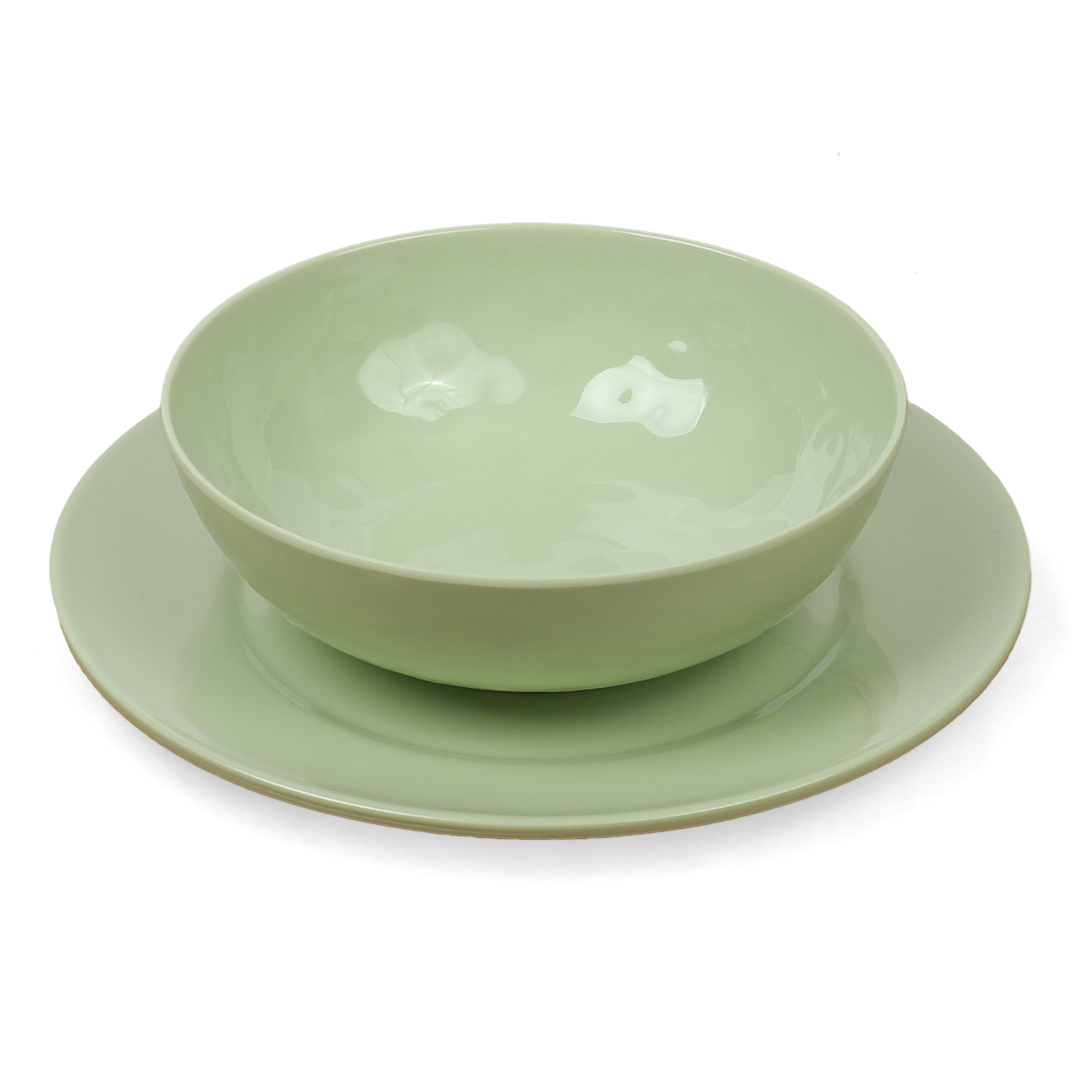 Export supply of melamine shock-resistant tableware, kitchen household round plates, hotel and restaurant plates, light green round dining bowls and plates full figure