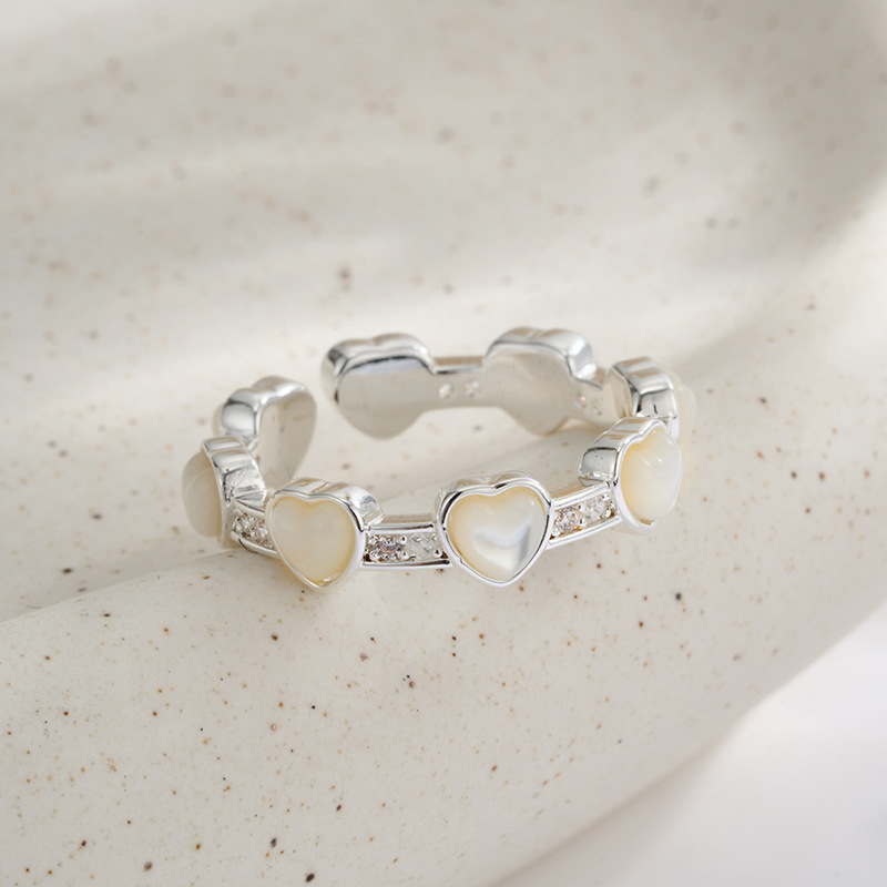 Factory direct supply of heart-shaped mother-of-pearl open ring, copper alloy inlaid with zirconium, light luxury, versatile and adjustable ring in stock for wholesale details Picture