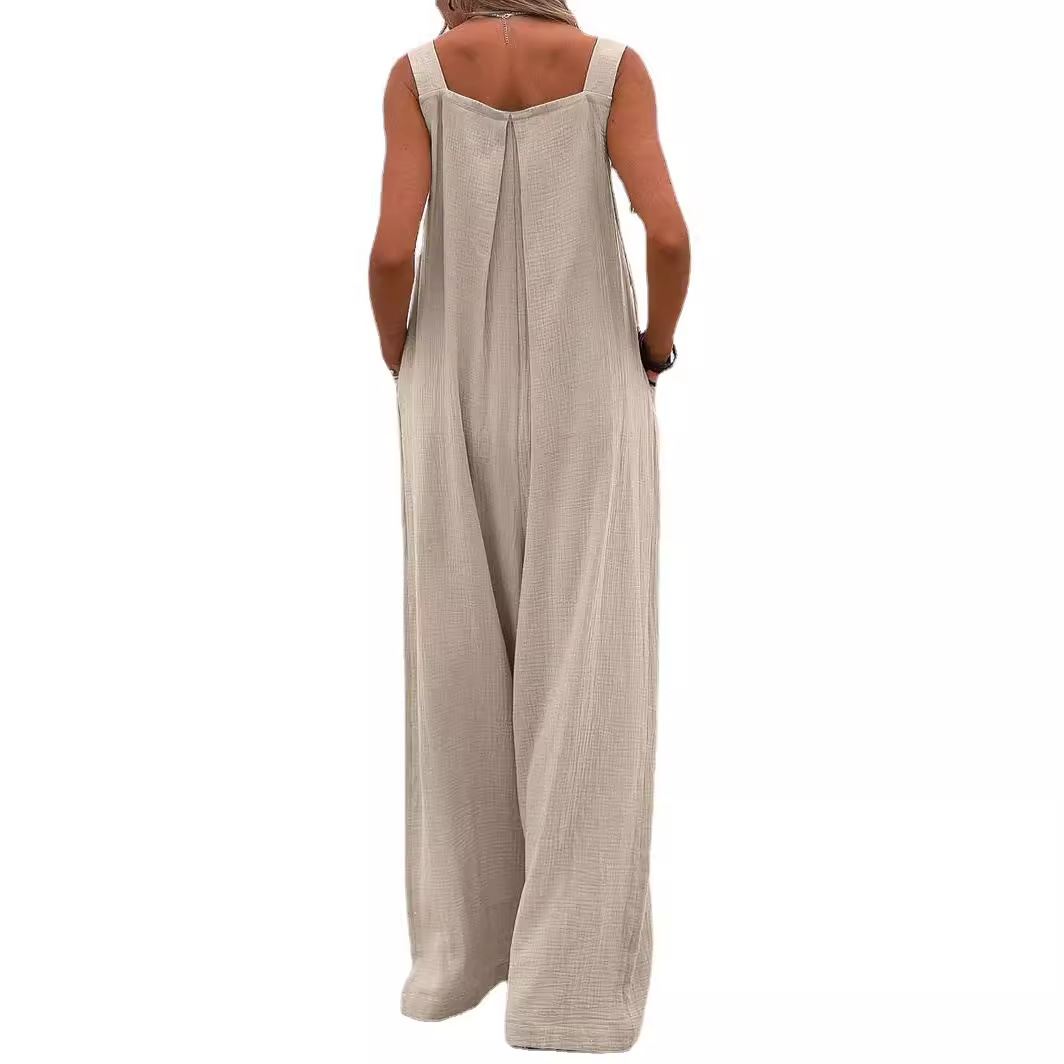 Wholesale of new Amazon best-selling women's clothing with ethnic style, fashionable buttons, solid color, wide-leg jumpsuits from Europe and America at the source details Picture