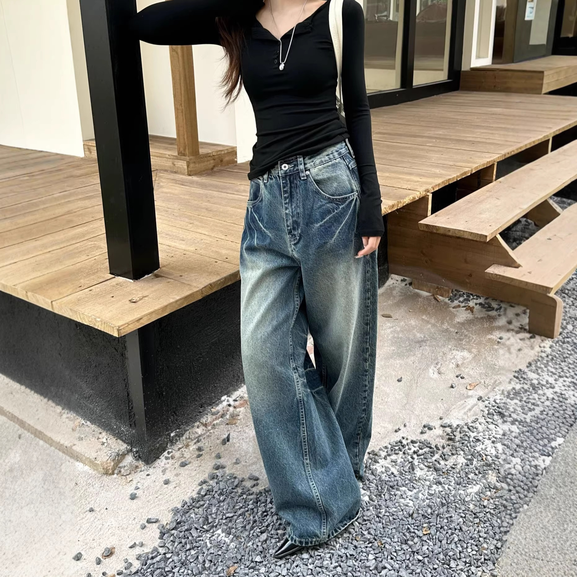 陆晟闪电纹做旧阔腿牛仔裤男女潮流美式复古水洗街头风休闲裤子潮