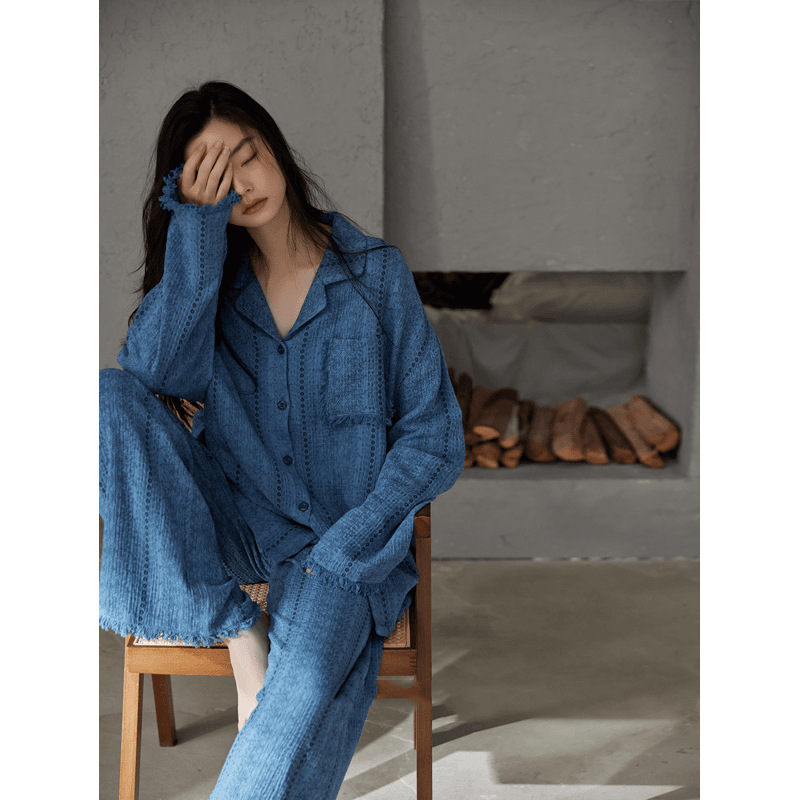 带胸垫防凸点长袖长裤睡衣女士春秋季新款休闲慵懒风可外穿家居服