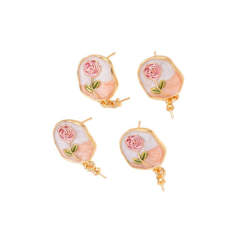 S925 Silver Needle Pearl Ear studs, ear studs, peach rose, Monet oil, vintage oil painting, Chinese style diy copper accessories Item Picture