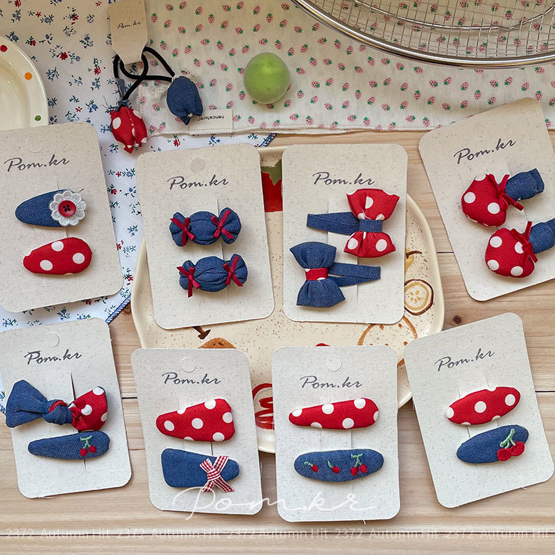Korean red and white polka dot denim blue hair clip, bangs clip, side clip, sweet color-blocking hair accessory, mushroom cherry hair clip, Pom.kr Red polka dot denim hair accessory: cherry bow style, sweet, cool and cute, energetic for autumn and winter Application Scenario