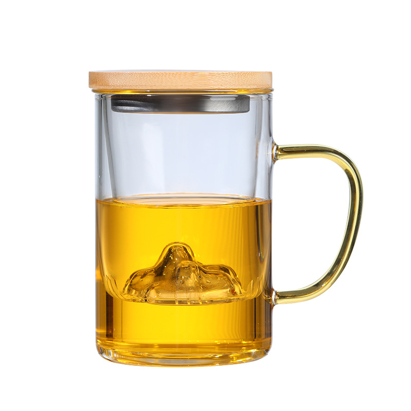High borosilicate glass water cup, mountain viewing cup, tea water separation cup, tea brewing cup, filter three-piece cup, bamboo and wood lid cup, tea water cup Item Picture