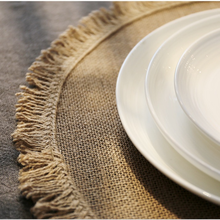 环保圆形日式简约风跨境批发流苏餐垫桌垫杯垫自然色黄麻现代简约
