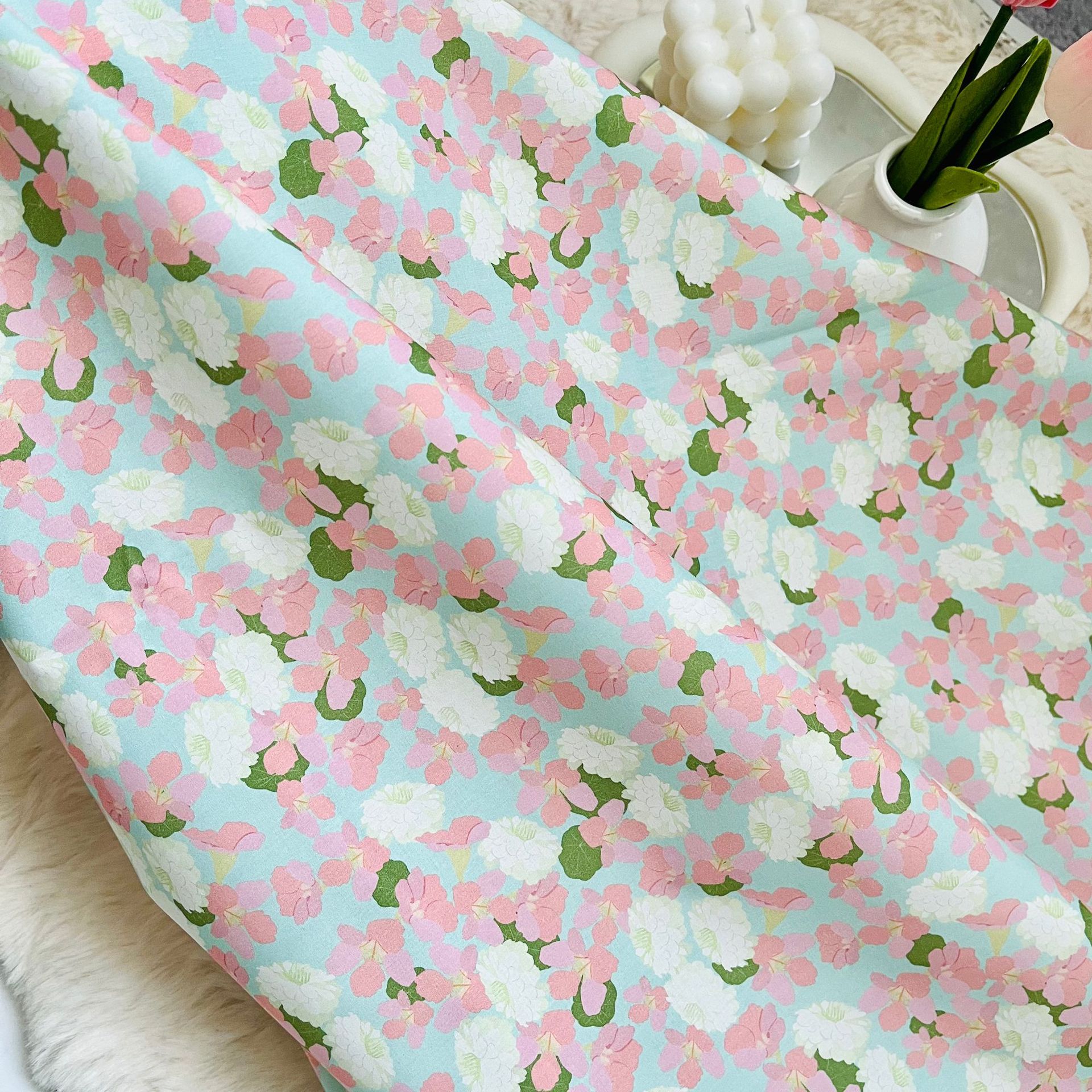 全棉60支府绸数码印花粉色系小碎花箱包旗袍连衣裙家居服服装面料