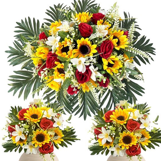 亚马逊跨境新款仿真太阳花玫瑰花束壁挂绢花仿真绿植假花场景布置