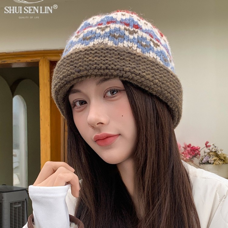 Knitted woolen cap for women's autumn and winter 2025 new style, retro jacquard, versatile and warm basin cap, face-enhancing small ear-protecting fisherman's cap details Picture