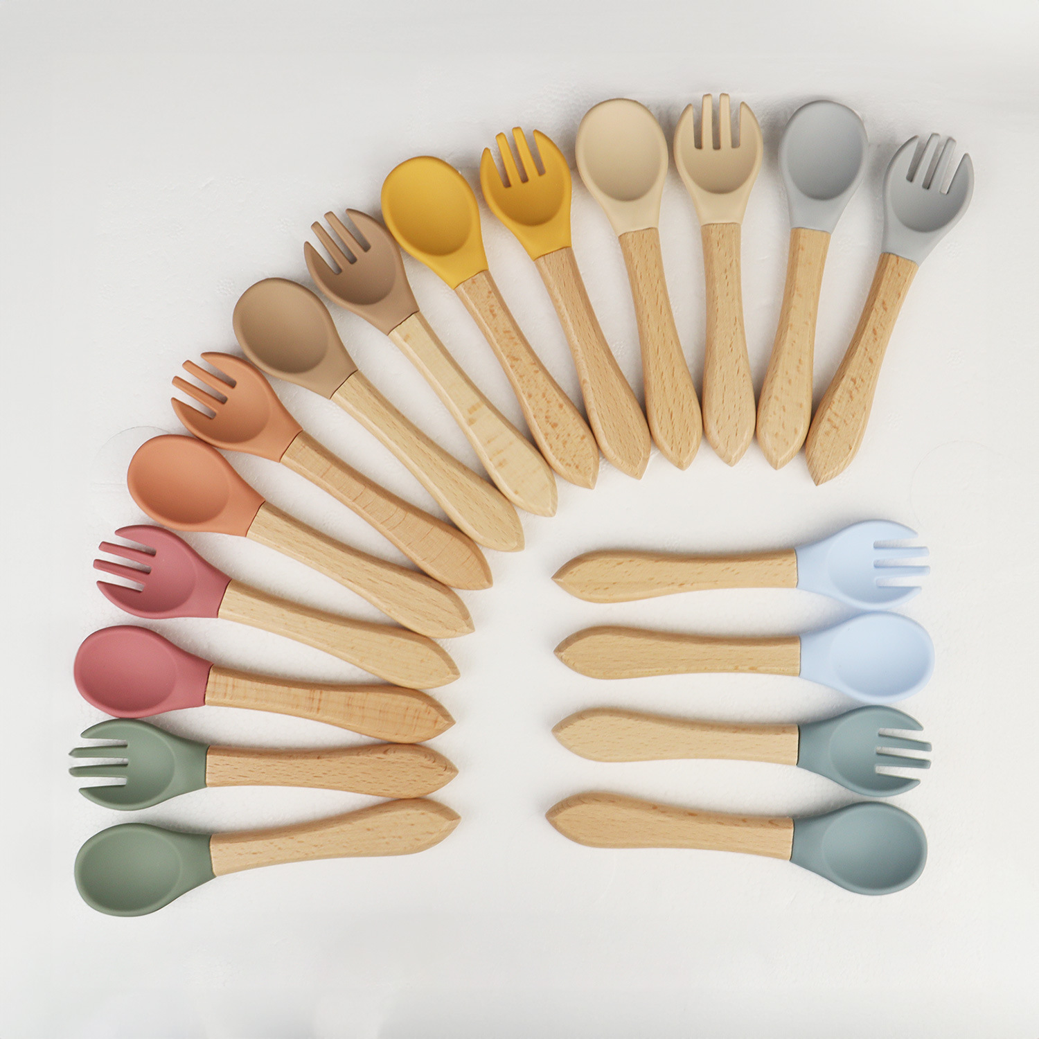 Baby wooden handle silicone spoon, newborn water feeding small spoon, children's tableware, soft spoon and fork set for complementary food, mother and baby products Item Picture