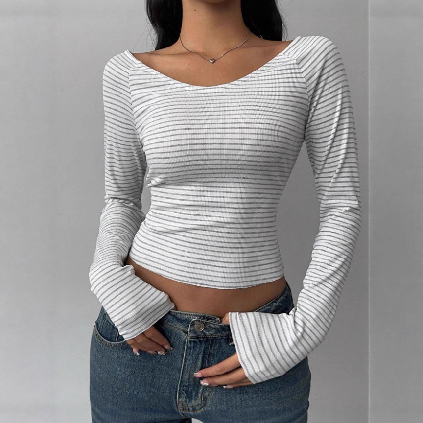 2026 Amazon Independent Store cross-border one-shoulder striped slimming top, tight-fitting, chpless, comfortable long-sleeved Specification drawing