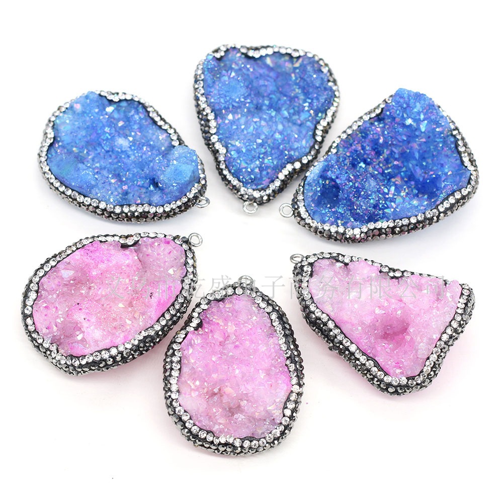 Natural semi-precious stone irregularly shaped agate crystal bud diamond-encrusted edge pendant DIY jewelry accessory, handcrafted wholesale Item Picture
