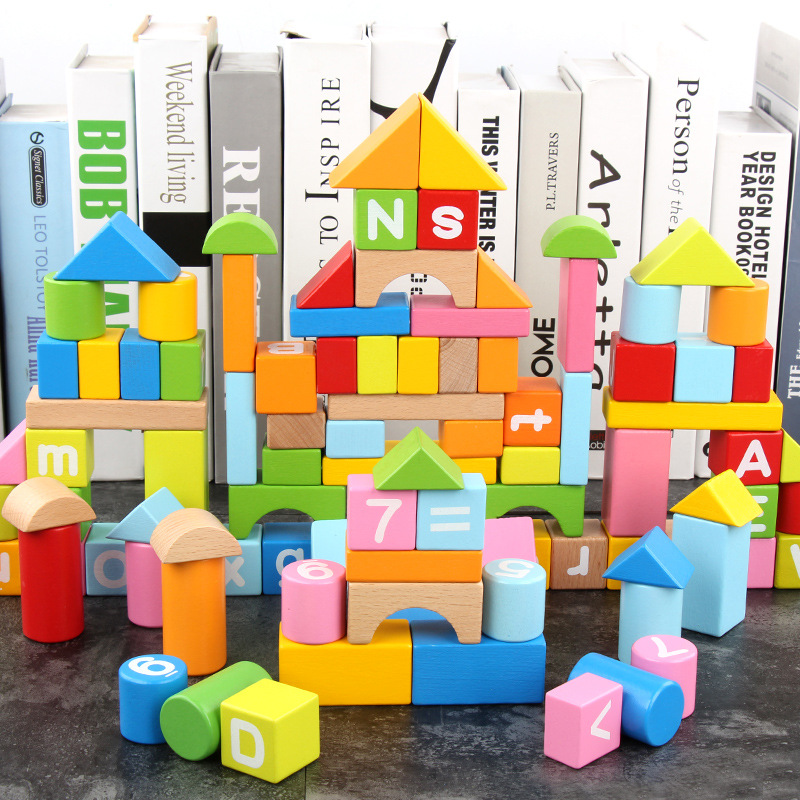 100粒榉木桶装数字字母宝宝拼装积木 1-3岁儿童益智早教木制玩具