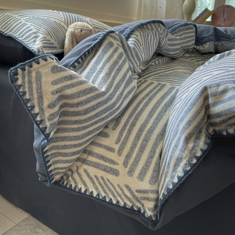 简约秋冬季纯棉磨毛床上四件套加厚全棉被套轻奢高级感床单三件套