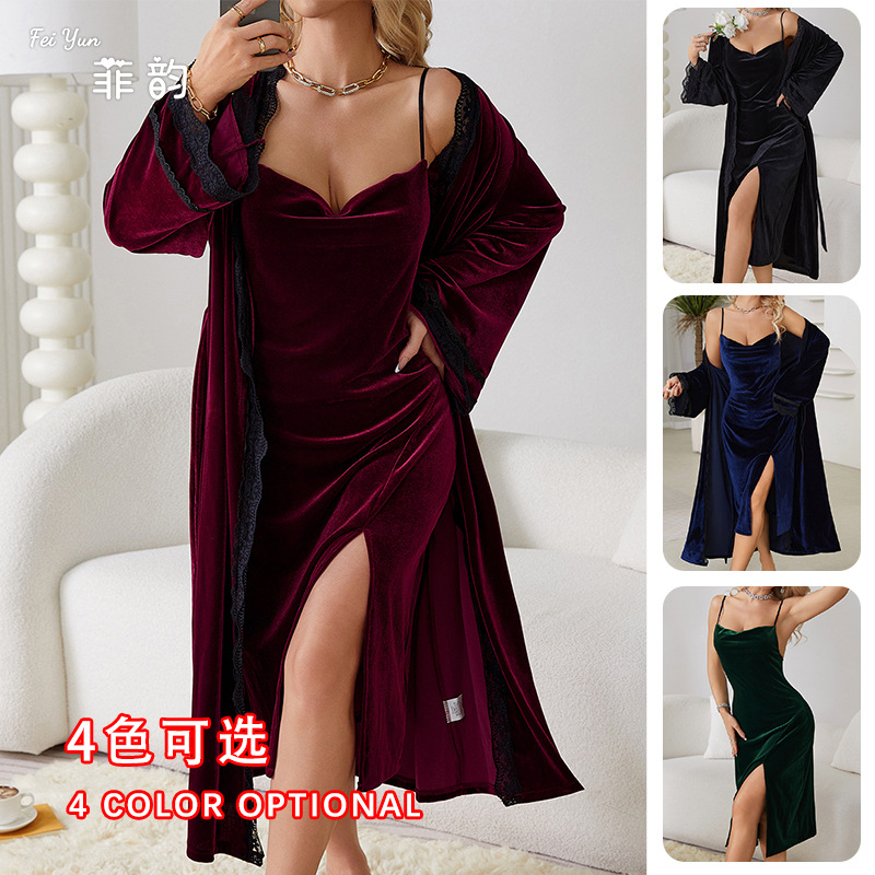 Feiyun European and American style sexy slit pure backless velvet sweet nightgown Simple outer robe Home set 651