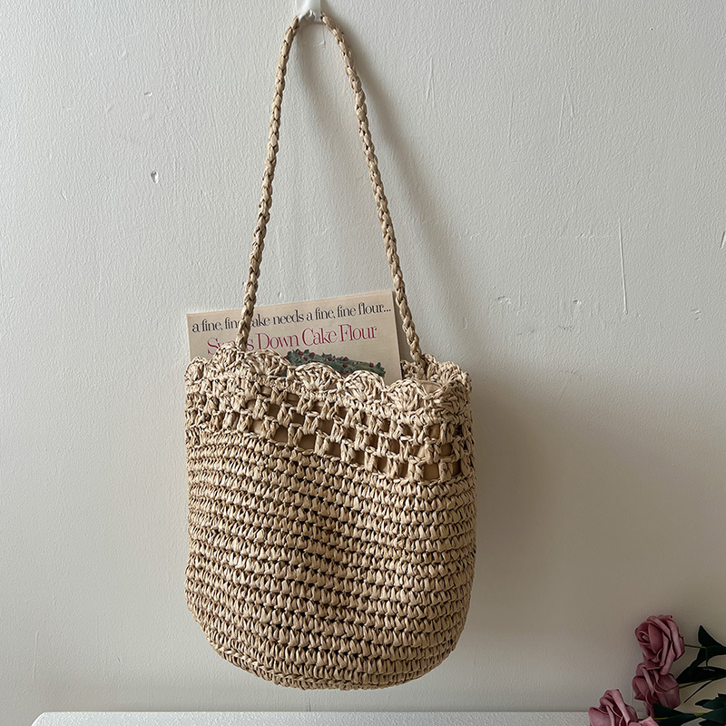 Cross-Border Straw Weaving Bag, French Lafite Straw Single-Shoulder Straw Weaving Bag, New Hollowed-Out Lace Straw Weaving Bag, Vacation Beach Bag, Versatile Women's Bag, Handcrafted Straw Weaving Bag Specification drawing