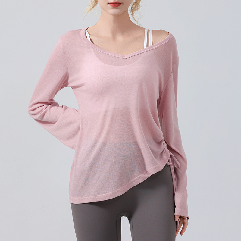 Flared sleeve sun protection smock, long-sleeved hip-covering women's pleated drawstring T-shirt, loose casual fitness short-sleeved yoga wear Specification image