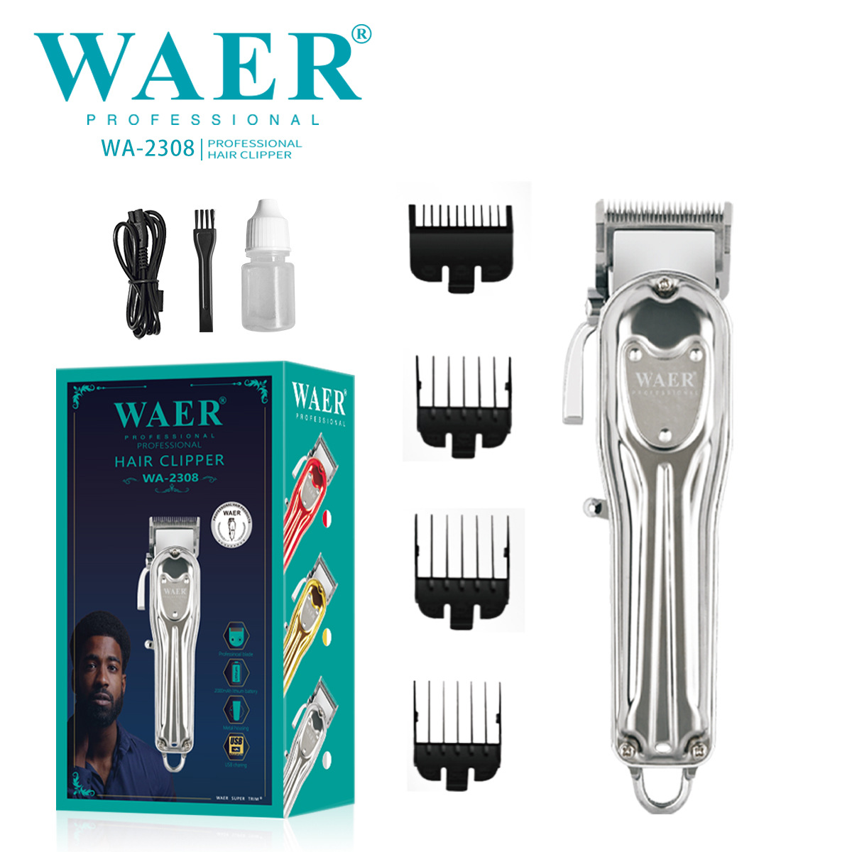 WAER跨境新品全金属理发器充电式油头电推剪液晶数显专业大功率款