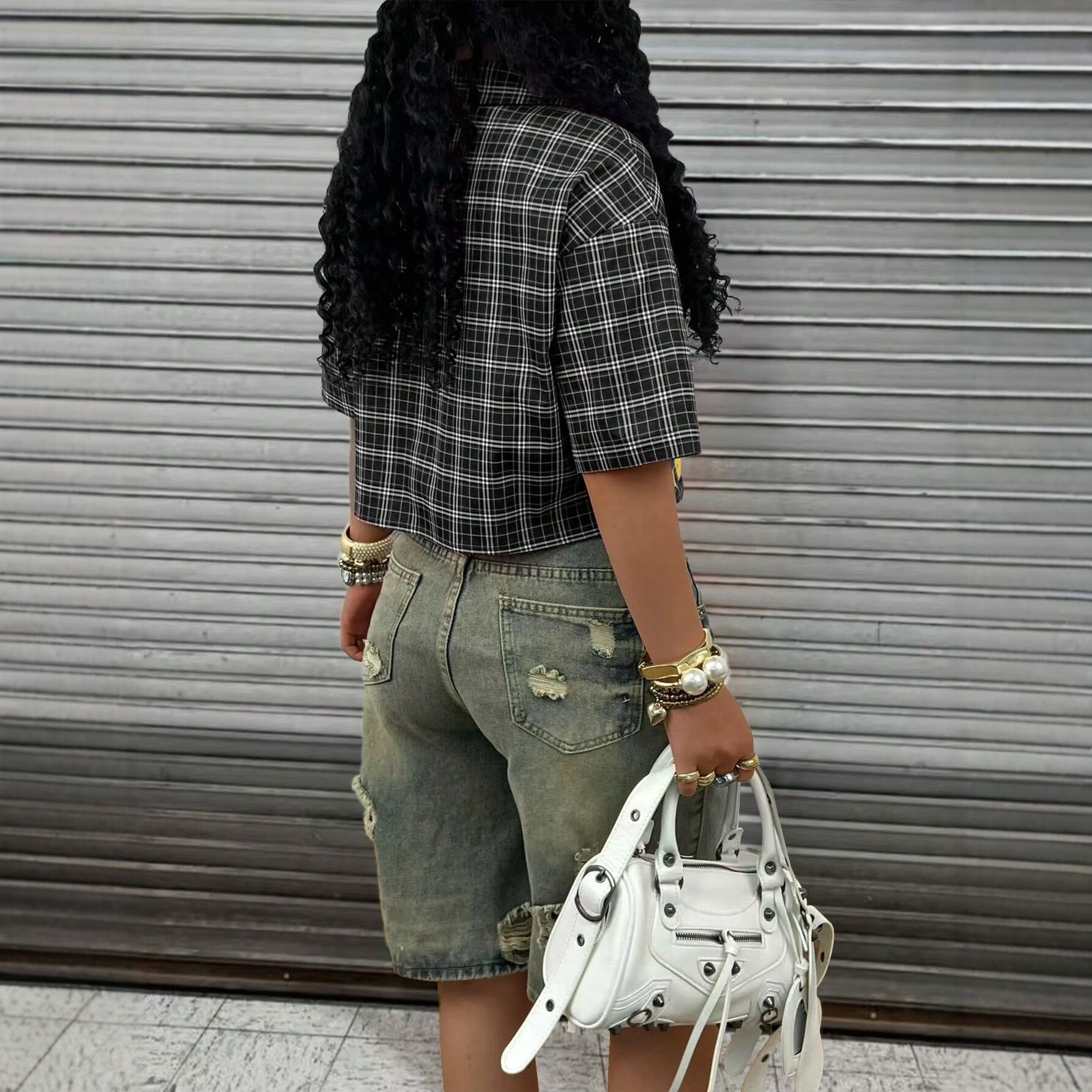 A new cross-border Instagram casual lapel, color-blocking grid letter printed trendy top, cardigan, short-sleeved T-shirt for women details Picture