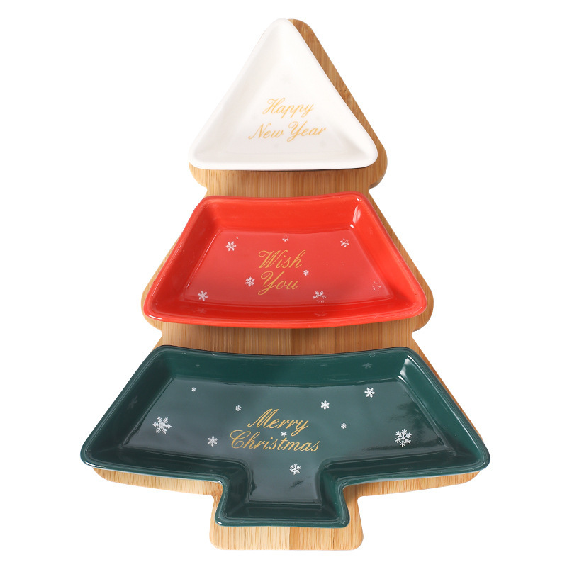 Nordic Christmas tree-shaped ceramic dried fruit plate, snack plate, creative Christmas-style tableware, rotatable display plate with tray Item Picture