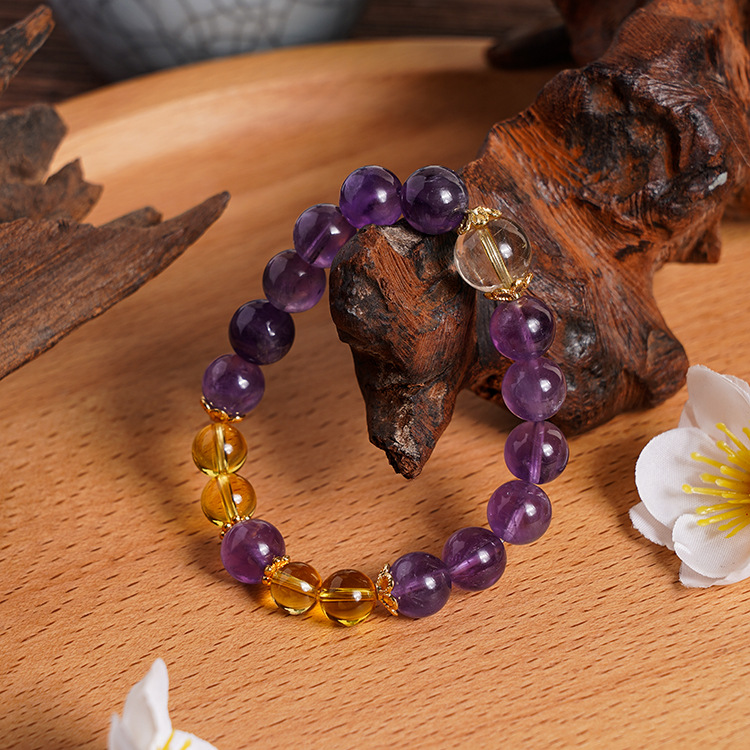 天然紫水晶金发晶黄水晶九子离火紫金霸财财手串手链源头厂家批发